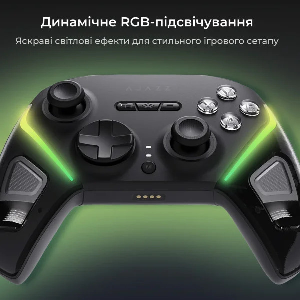 Стильний дизайн з RGB-підсвічуванням Динамічне RGB-підсвічування додає геймпаду сучасного вигляду та гармонійно доповнює будь-який ігровий сетап. Ергономічна форма та компактні розміри 156 × 106 × 59 мм забезпечують комфорт навіть під час тривалих ігрових сесій.